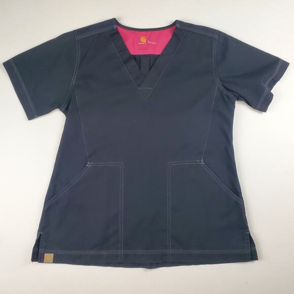 Carhartt V-Neck Multi-Pocket Scrub Uniform Top Short Sleeve Black Women's Small - Picture 1 of 6